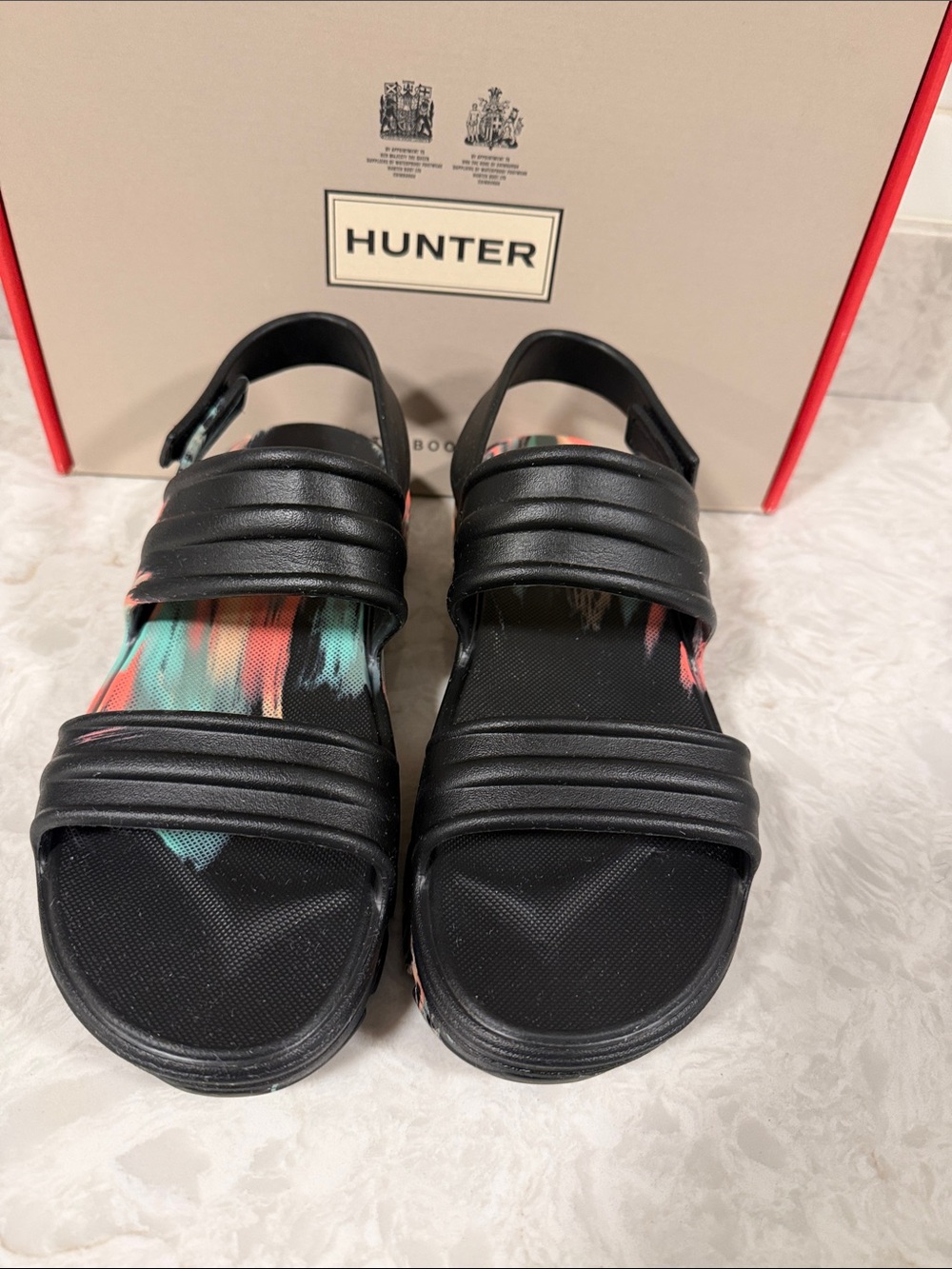 Hunter Black Sandals with Teal and Coral Footbed